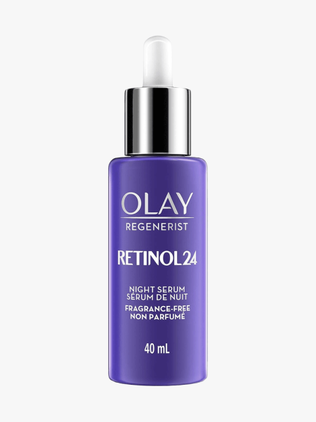 Olay Regenerist Retinol 24 Night Serum in branded component on a light gray background