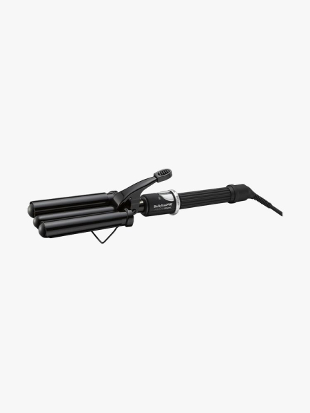 BaByliss Pro Porcelain Ceramic Triple Barrel Waver black hair waver on light gray background